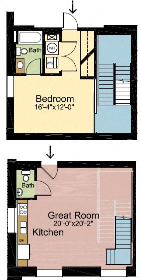 Floor plan for 1 bed, 1.5 baths, 1045 sqft